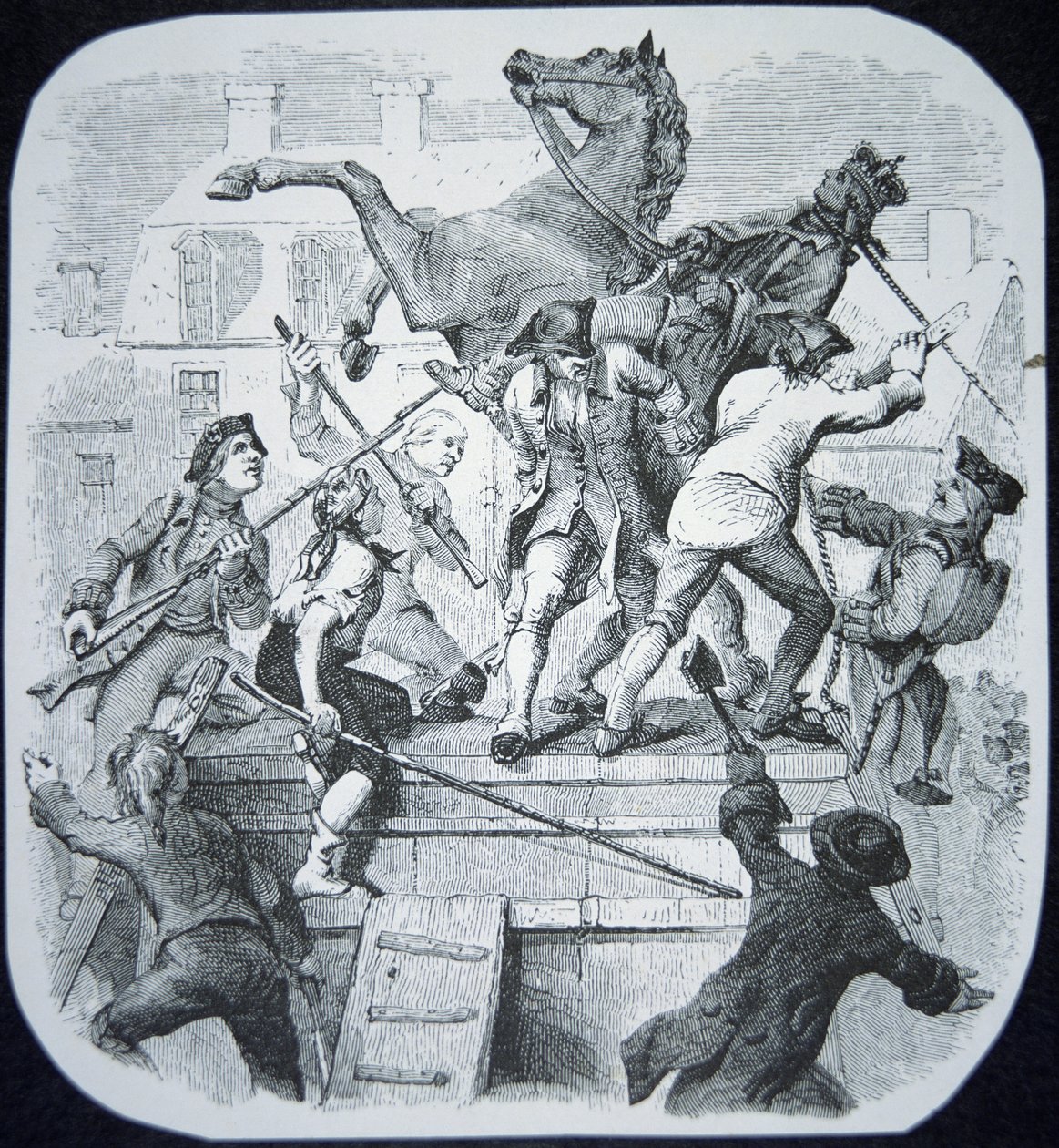 New York-opprørere trekker ned statuen av den forhatte George III av England (litho) av American School