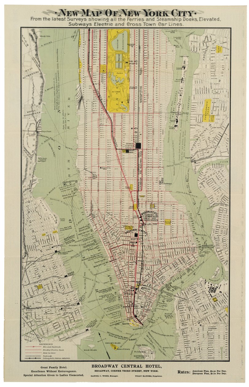 Nytt kart over New York City fra de siste undersøkelsene som viser alle ferge- og dampskipskaiene, forhøyede, undergrunnsbaner elektriske [sic] og kryssende bybillinjer av American School