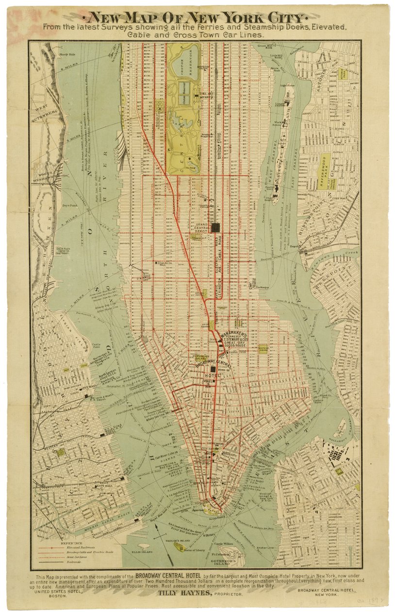 Nytt kart over New York City fra de siste undersøkelsene som viser alle ferge- og dampskipskai, forhøyede, elektriske undergrunnsbaner [sic] og kryssende bybillinjer. av American School