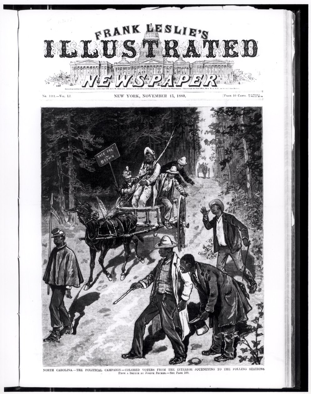 North Carolina, den politiske kampanjen: Fargede velgere fra interiøret på reise til valglokalene, fra 'Frank Leslie's Illustrated Newspaper', 13. november 1880 (gravering) (svart-hvitt-foto) av American School