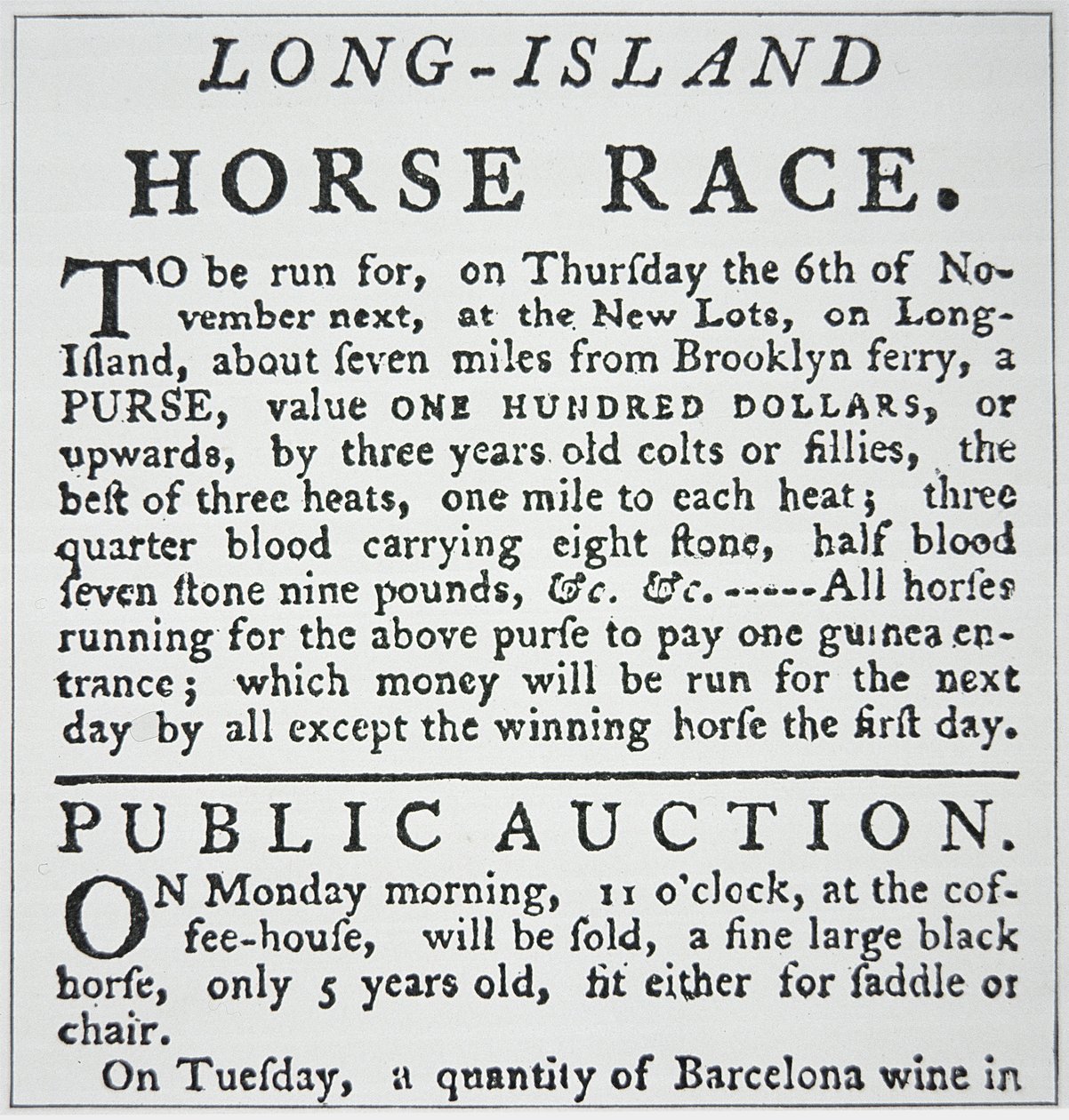 Melding om et hesteveddeløp på Long Island, fra Rivington's Gazette, New York av American School
