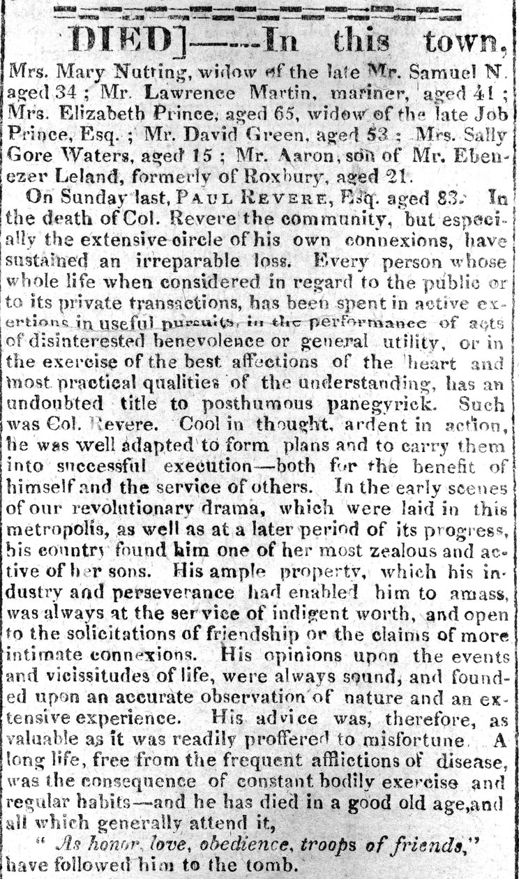 Nekrologside fra Boston Intelligencer, 16. mai 1818 (trykk) av American School