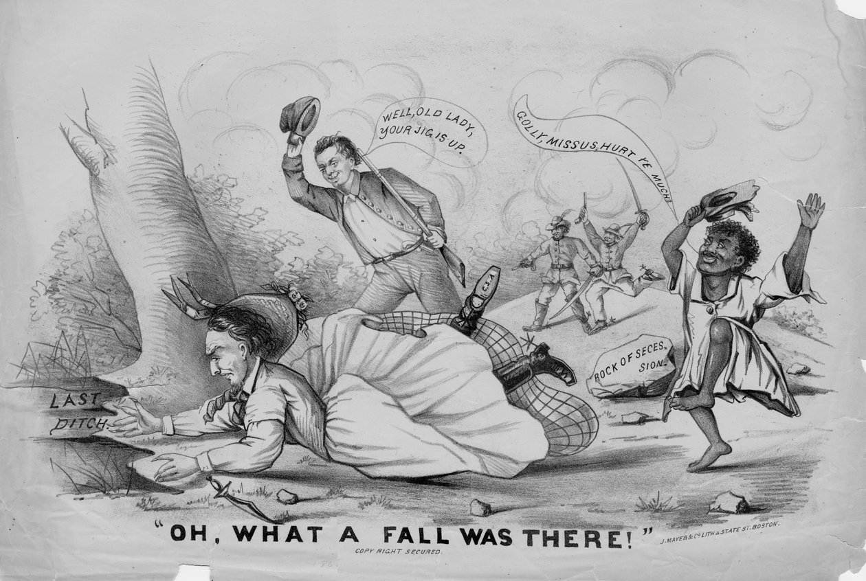 Å, for et fall det var!, utgitt av J. Mayer & Co. Lith, Boston, ca. 1865 av American School