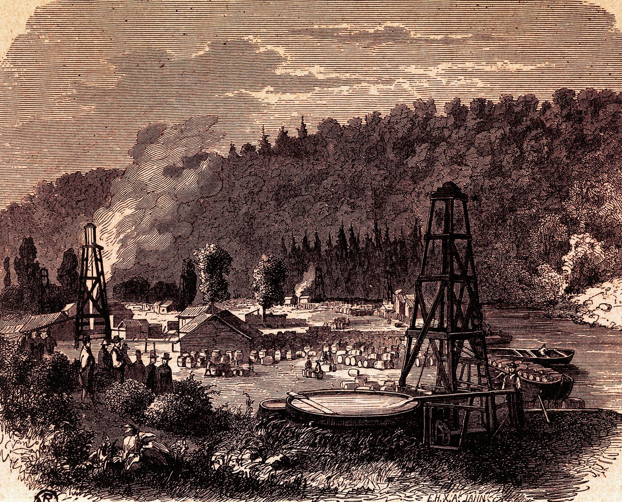 Oljefelt i Titusville i Pennsylvania, med første brønn Derrick oppfunnet av Edwin Laurentine Drake i 1859, gravering, USA av American School