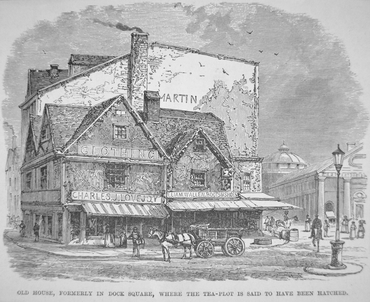 Old House, tidligere på Dock Square, hvor te-tomten sies å ha blitt klekket ut (litho) av American School