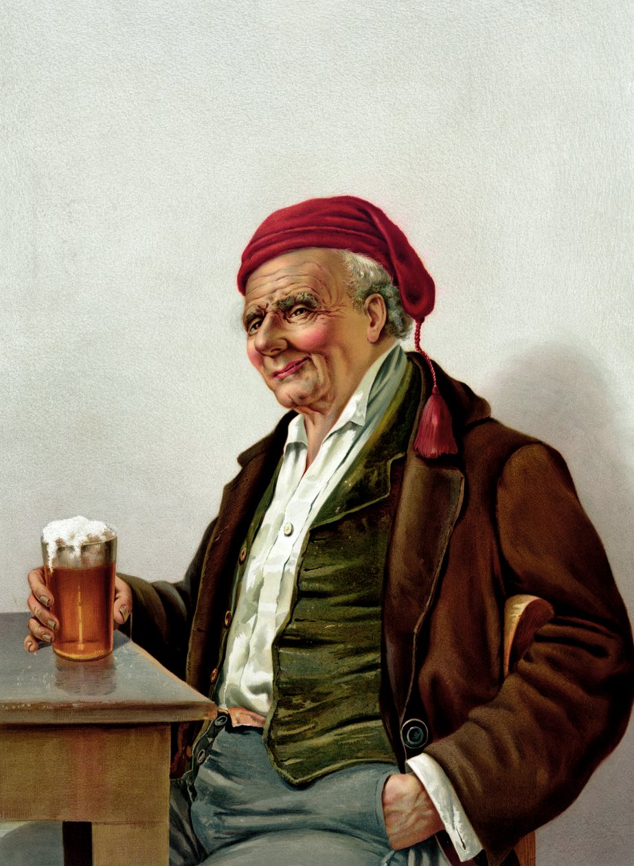 Gammel mann med en øl på en pub av American School