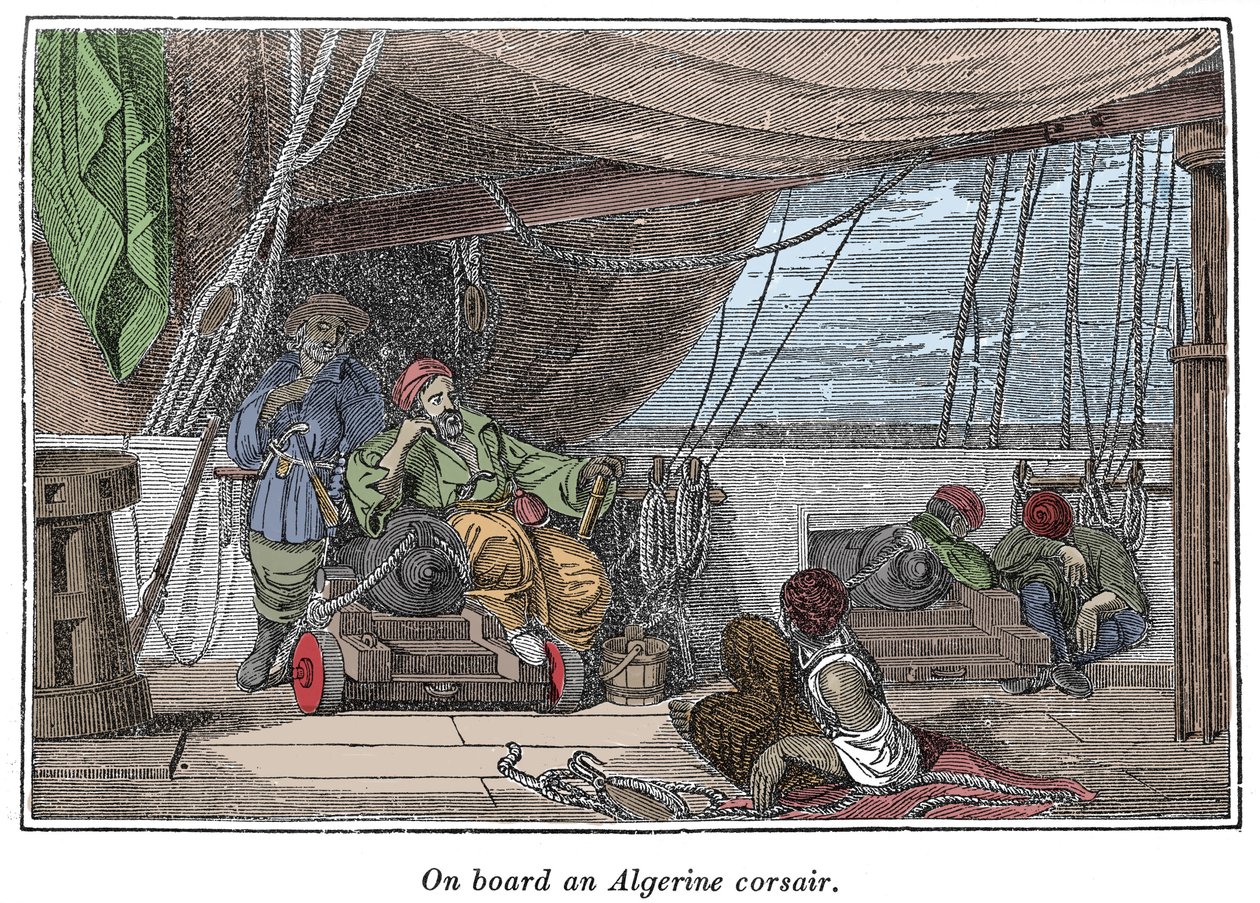 Om bord på et skip med algeriske pirater Illustrasjon fra "The Pirates Own Book, autentiske fortellinger om de mest berømte sjørøverne"" av Charles Ellms, Boston 1837 av American School