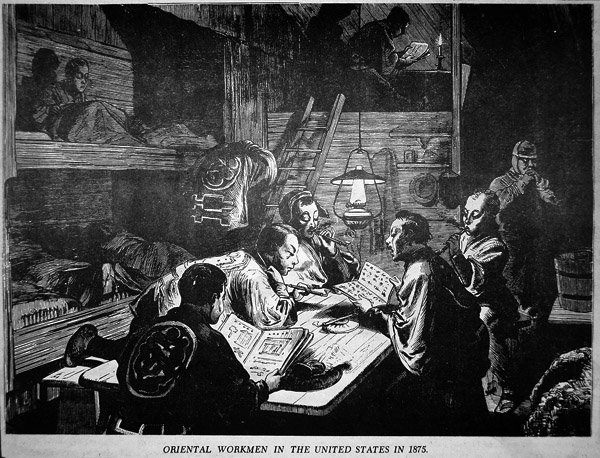 Orientalske (kinesiske) arbeidere i USA i 1875 (litho) av American School