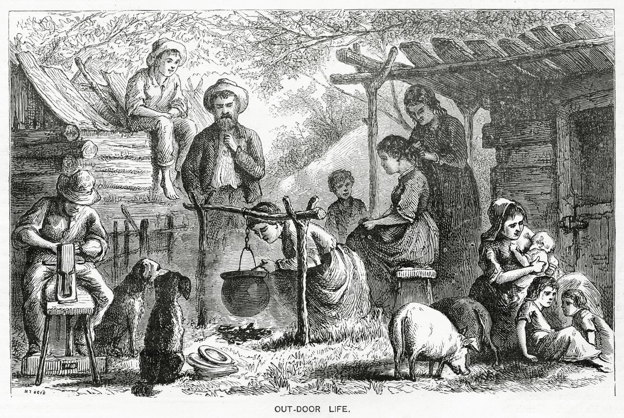 Uteliv, illustrasjon for en spillehistorie, A Community of Outcasts, fra Appletons Journal, 23. mars 1872 av American School