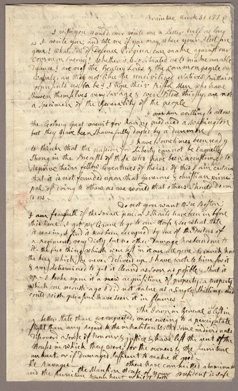 Side 1, Brev fra Abigail Adams til John Adams, 31. mars - 5. april 1776 (blekk på papir) av American School