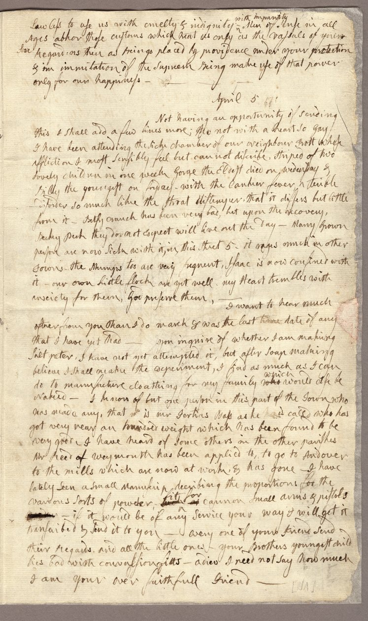 Side 3, Brev fra Abigail Adams til John Adams, 31. mars - 5. april 1776 (blekk på papir) av American School