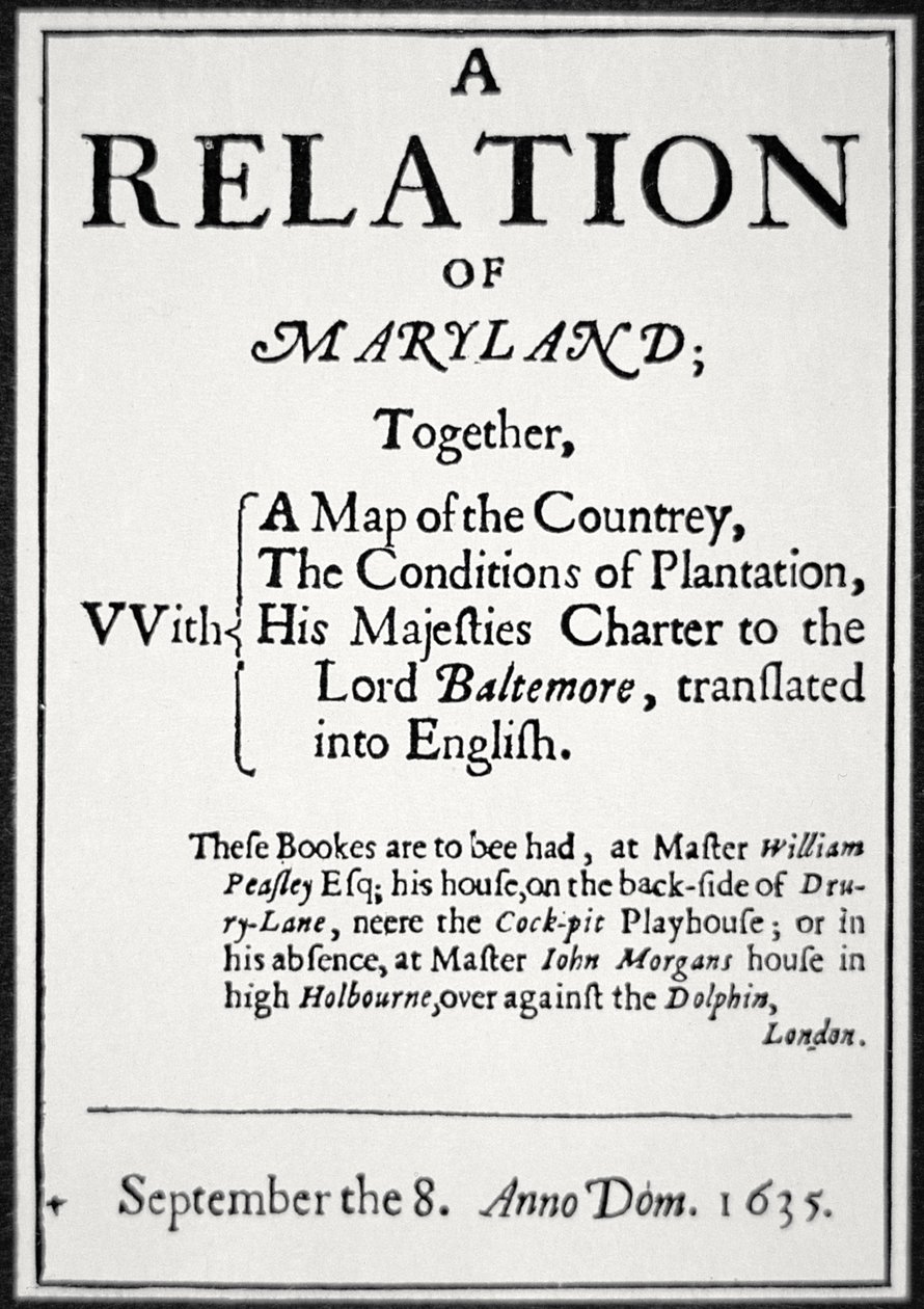 Brosjyre om Colony of Maryland utstedt av den andre Lord Baltimore av American School