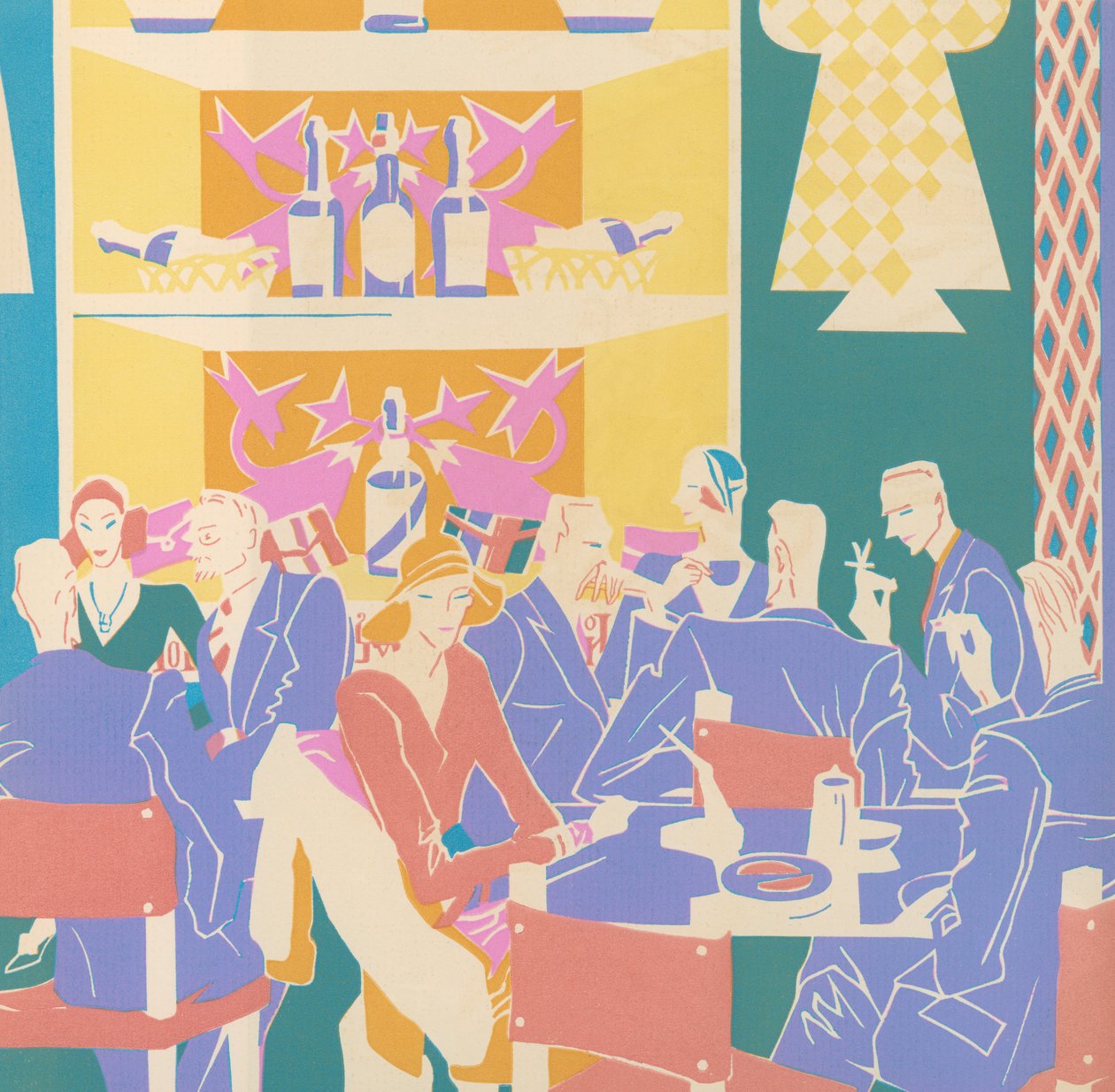 Lånetakere ved bordene i en art deco-jazzklubb av American School