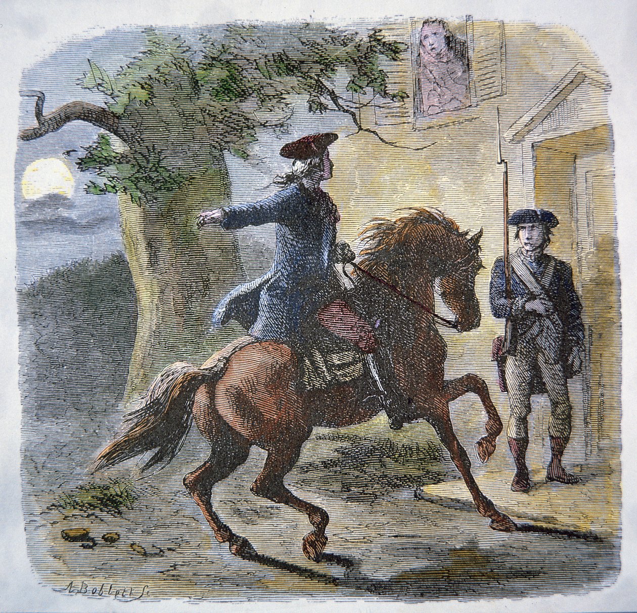 Paul Reveres berømte tur natt til 18. april 1775 (farge litho) av American School