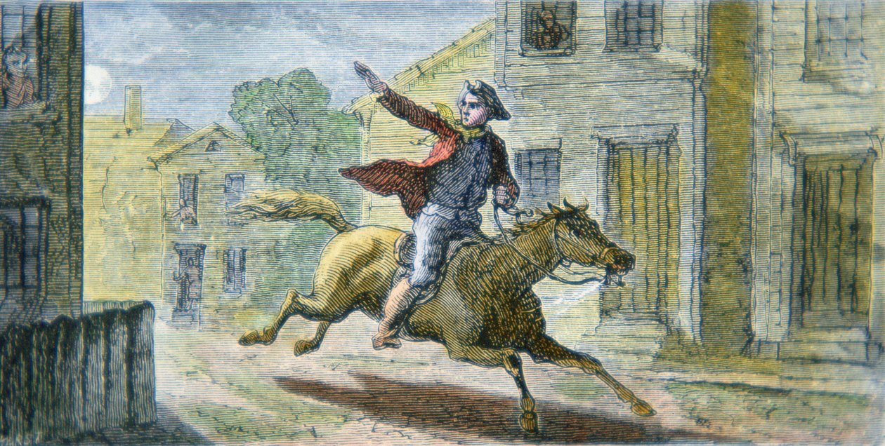 Paul Reveres berømte tur natt til 18. april 1775 (farge litho) av American School