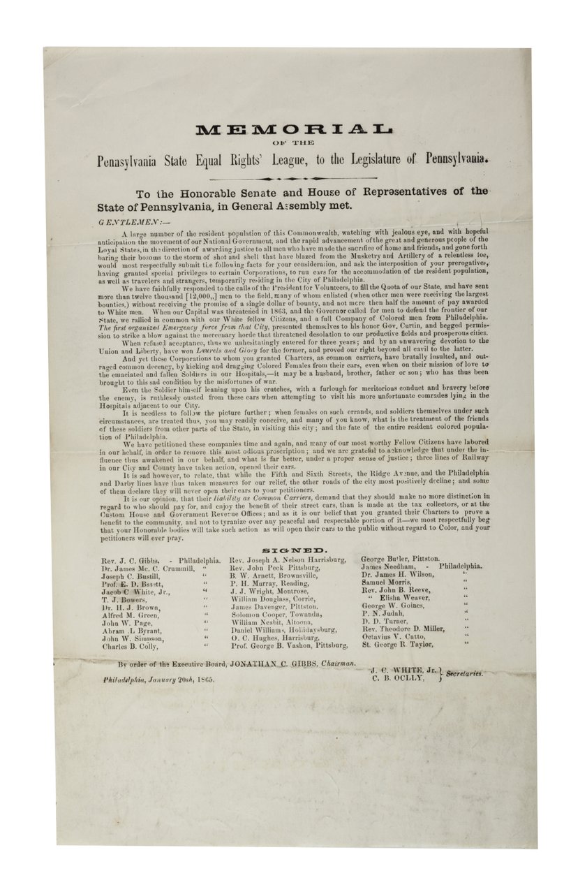 Pennsylvania State Equal Rights League, minnesmerke for Pennsylvania State Equal Rights League, til lovgiveren i Pennsylvania, 20. januar 1865 av American School