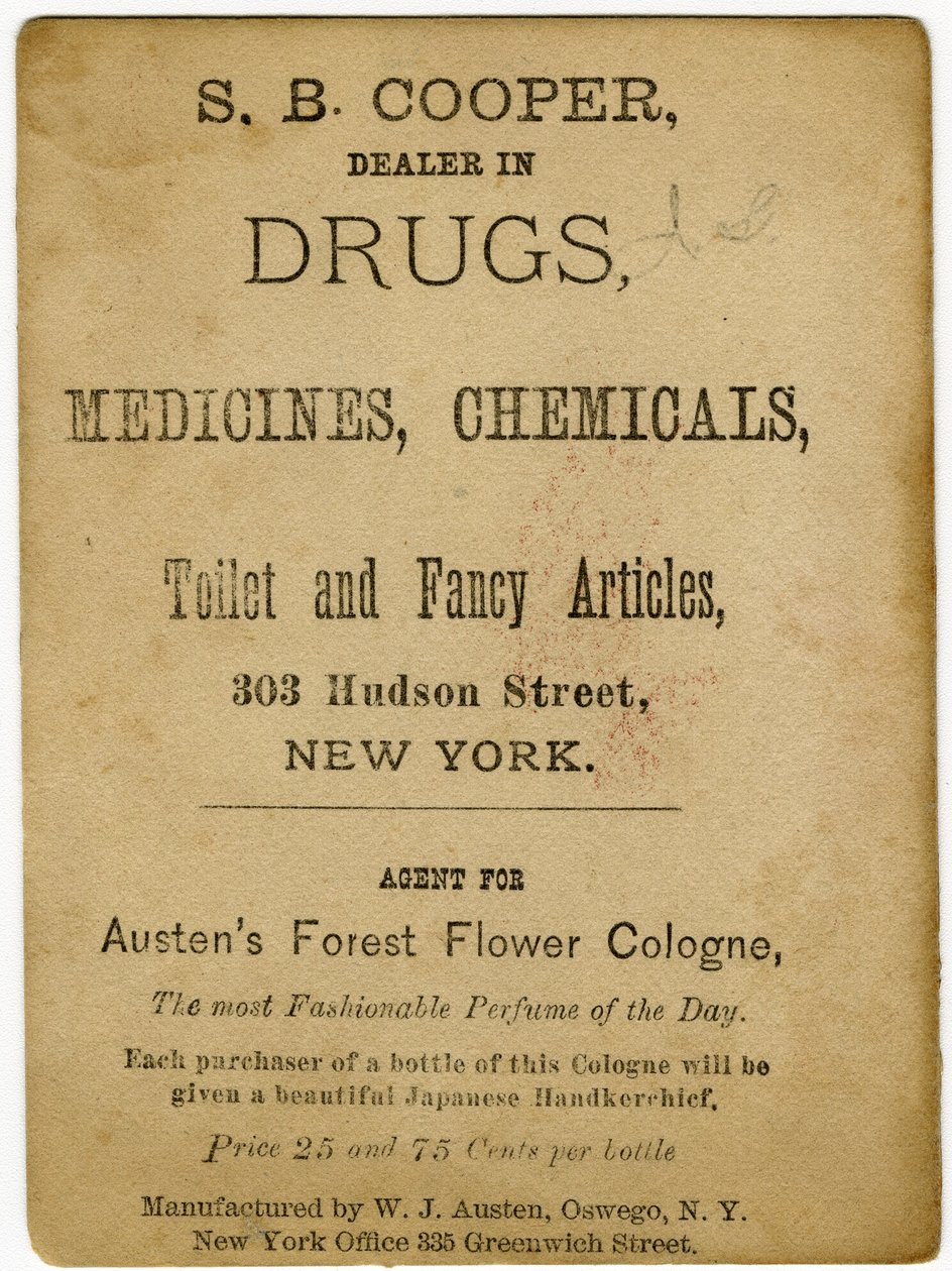 Parfymert med Austens Forest Flower Cologne; S.B, Cooper, forhandler av narkotika? [handelskort verso] (trykk) av American School