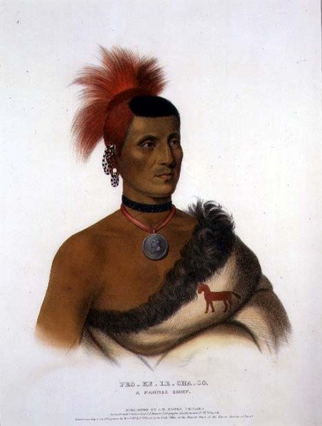 Pes-Ke-Le-Cha-Co, en Pawnee-sjef, pub. av J. T. Bowen (1801-c.1856) 1841 (farge litho) av American School