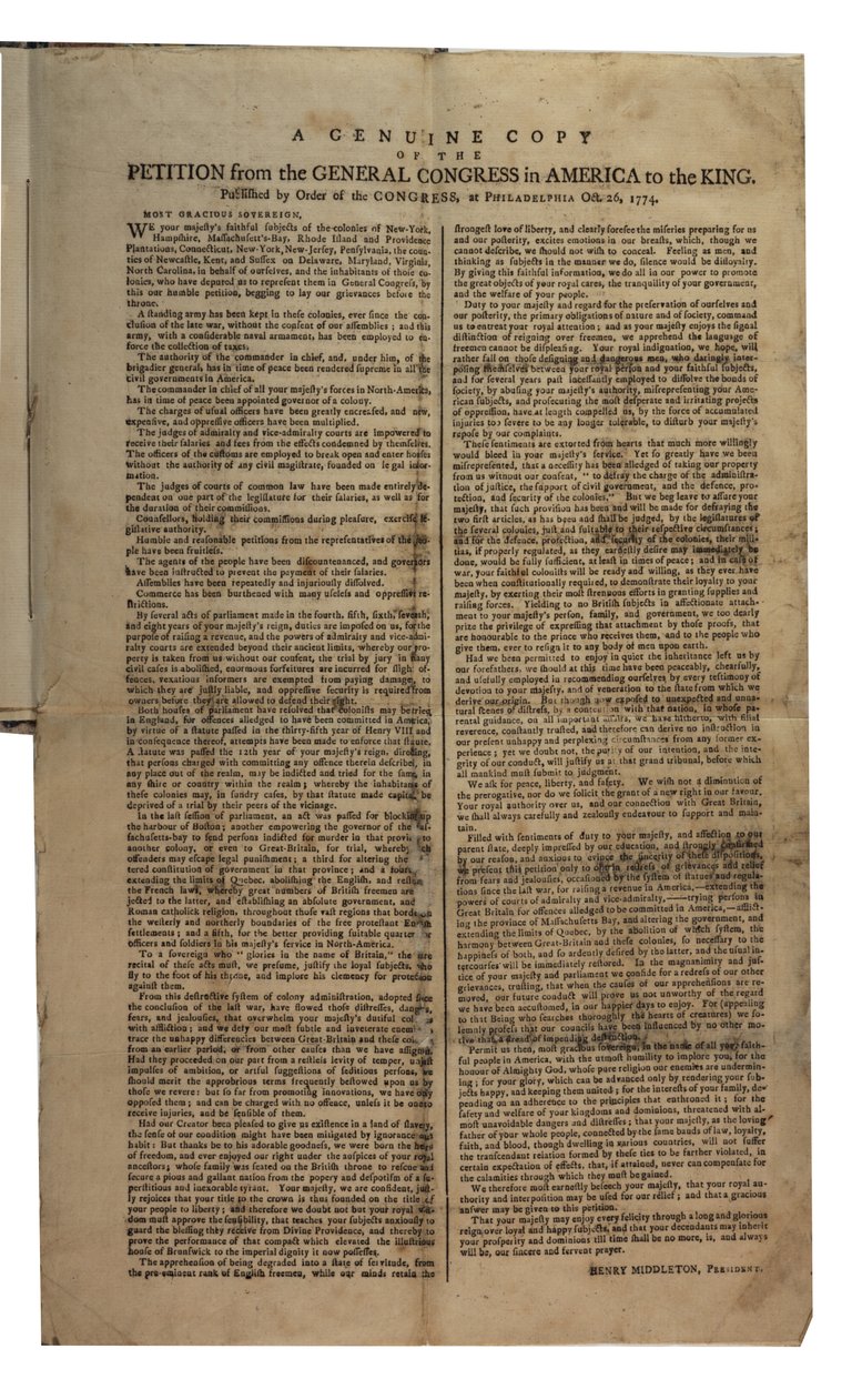 Begjæring fra generalkongressen i Amerika til kongen, kontinental kongress, 26. oktober 1774 av American School