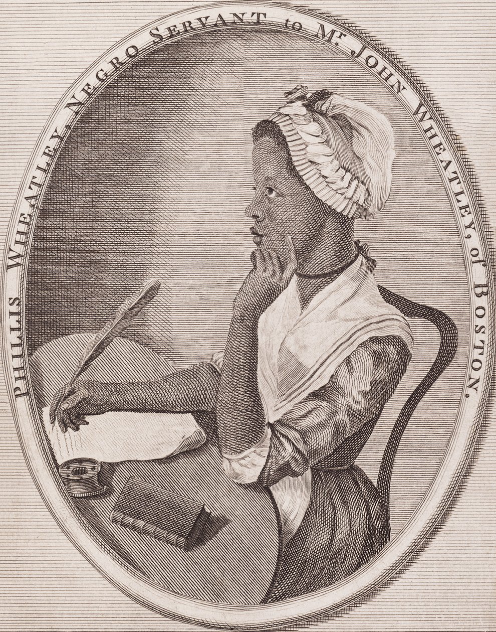 Philiis Wheatley (1753–1784). Afroamerikansk poet. Gravert frontispiece til hennes «Poems», 1773. av American School