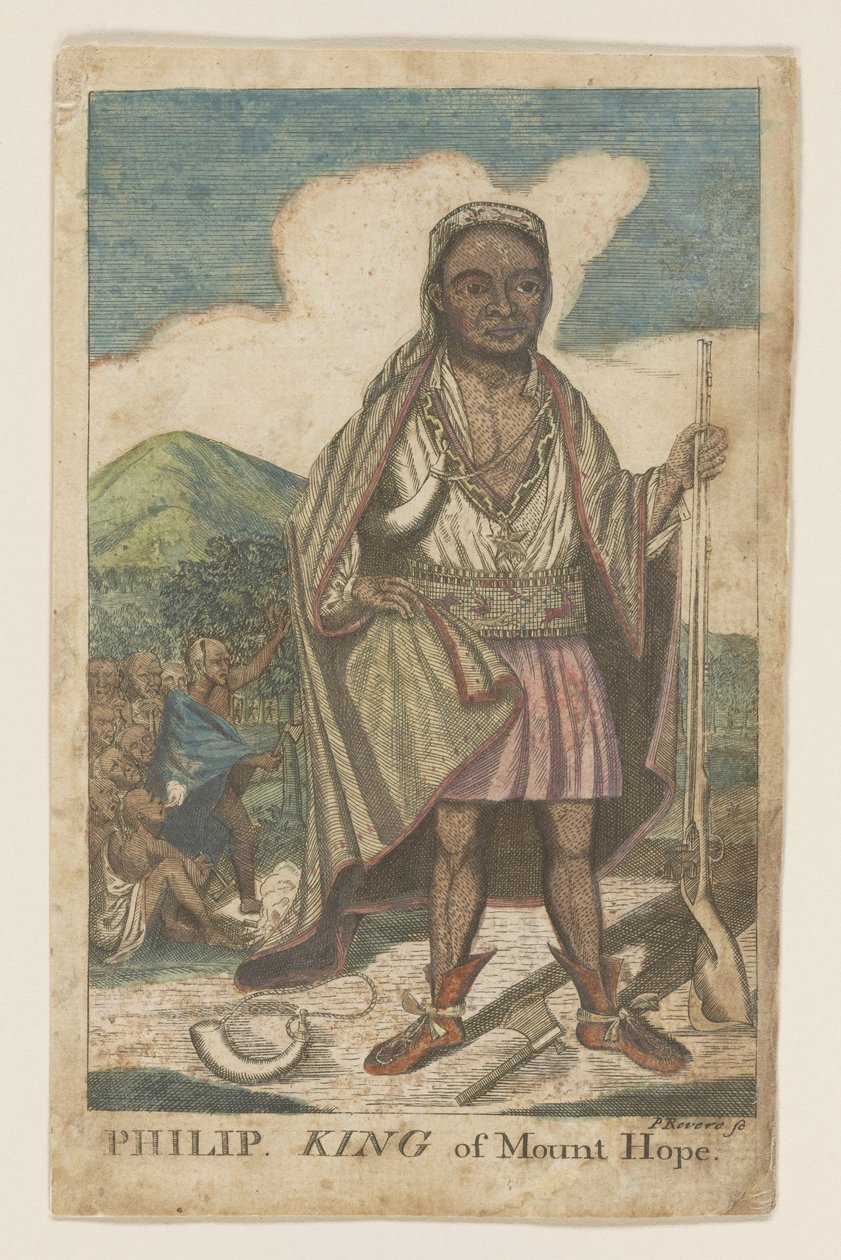 Phillip, King of Mount Hope, pub. 1772 (håndfarget gravering) av American School
