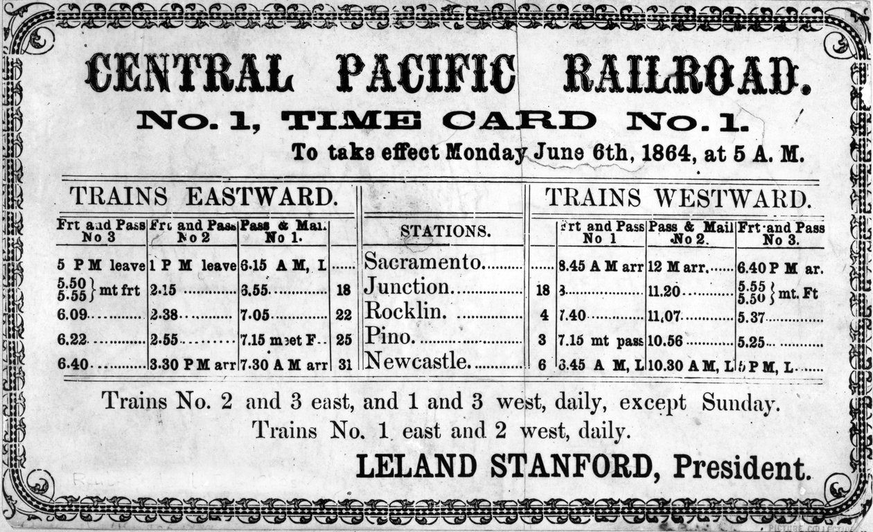 Fotografisk trykk av Central Pacific Railroad Companys originale rutetabell for 6. juni 1864, 1864 av American School