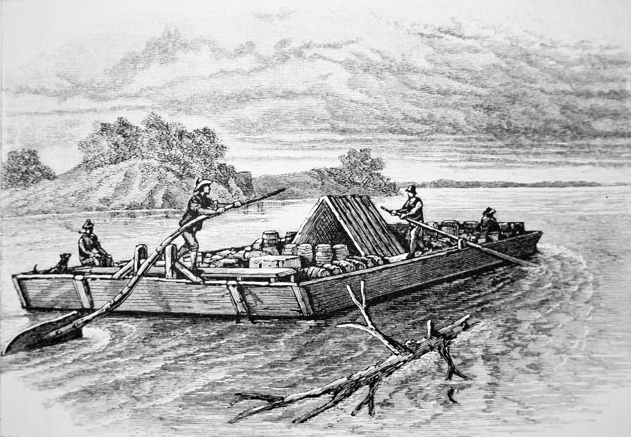 Pioneer flatbåt på Mississippi-elven, ca. 1840 (gravering) av American School
