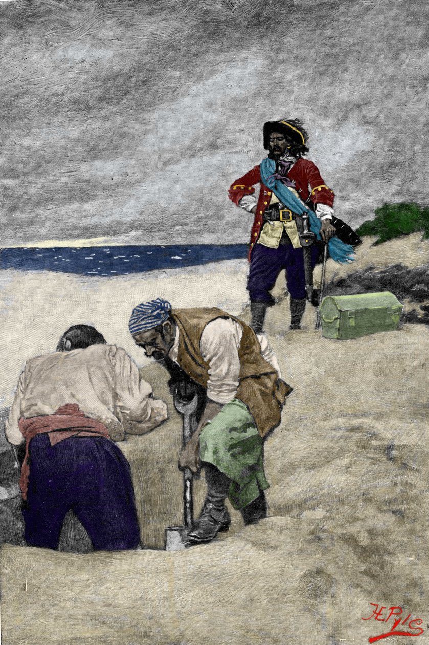 Piratkaptein William Kidd (1645–1701) begraver sin forråder på Gardiner#39;s Island: «Book of pirates, Buccaneers and Marooners of the Spanish Main» av Howard Pyle (1853–1911), amerikansk illustratør. 1887. av American School