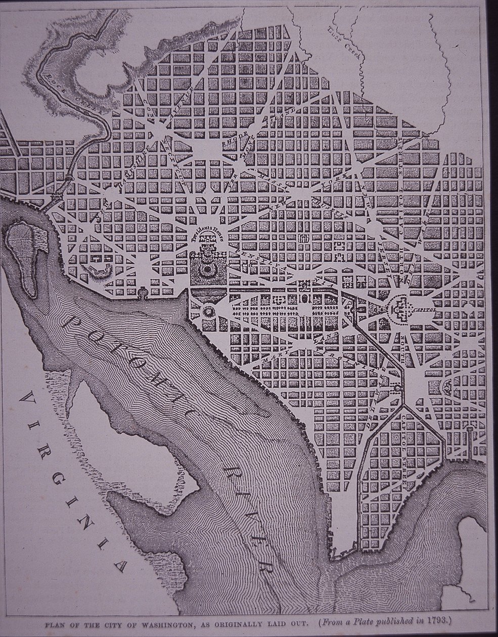 Plan for byen Washington DC som lagt ut av major Pierre Charles L'Enfant under tilsyn av George Washington, ca. 1800 (gravering) av American School