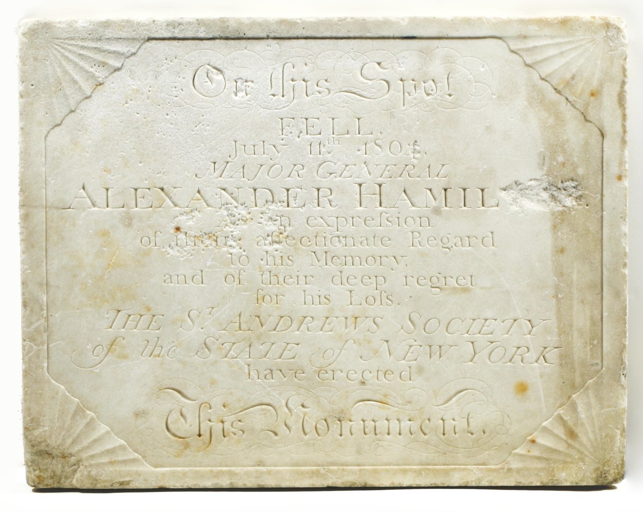 Plakett for cenotafen som markerer stedet hvor Alexander Hamilton ble dødelig såret under en duell med Aaron Burr, ca. 1805 (marmor) av American School