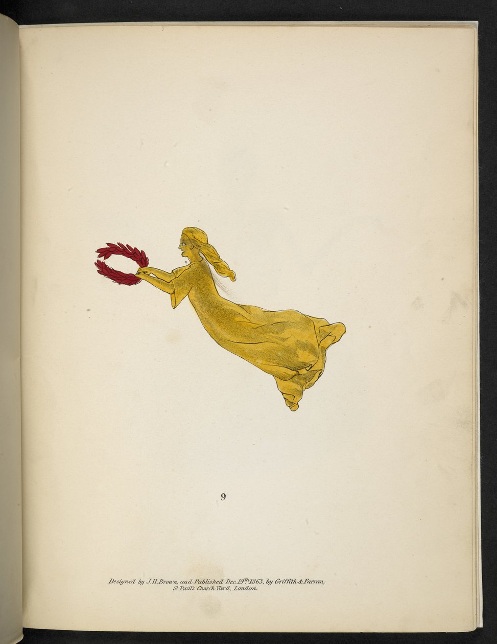 Plate 9. Gul figur som holder en rød krans.  Spectropia; eller overraskende spektrale illusjoner som viser spøkelser overalt, og av hvilken som helst farge, osv. ser. 1.  J.H. brun  1864 av American School