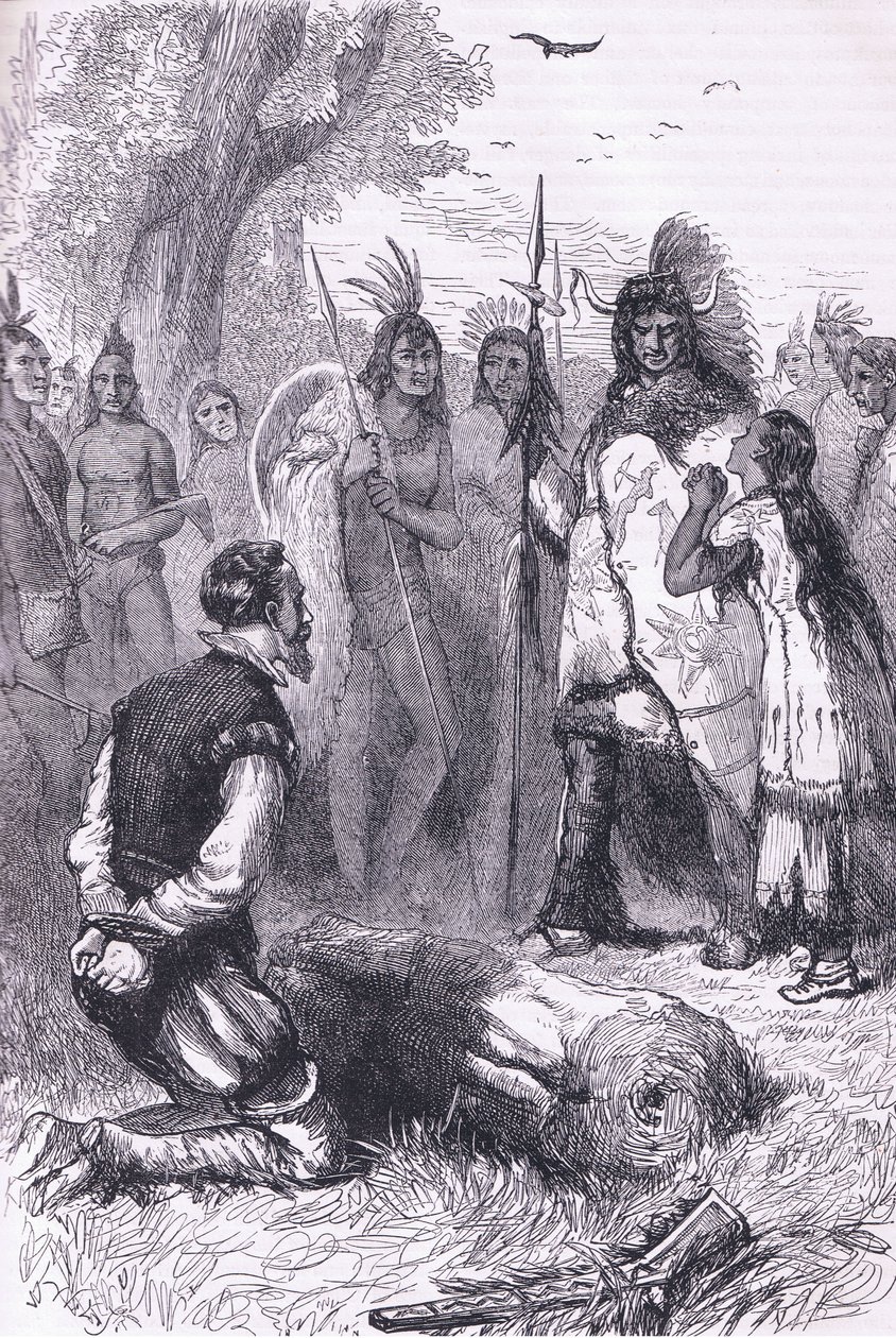 Pocahontas redder kaptein Smiths liv, illustrasjon fra Cassell's History of the United States pub. av Petter & Galpin ca. 1890 (litho) av American School