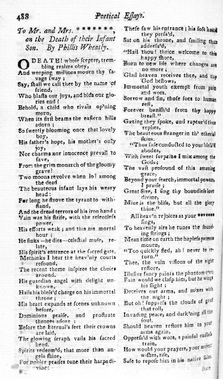Dikt skrevet til et par om barnets død av Phillis Wheatly, publisert i Boston Magazine, 1783-84 (trykk) av American School
