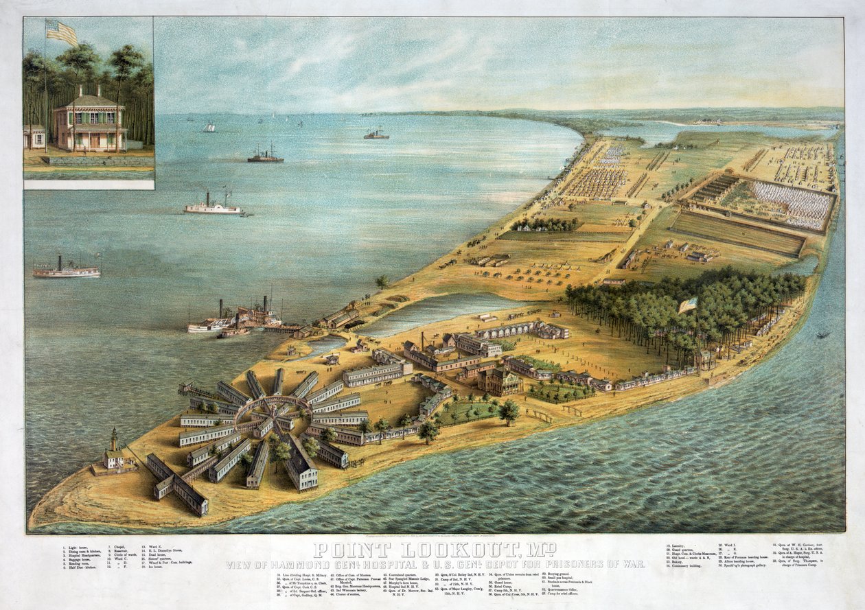 Point Lookout, MD - Utsikt over Hammond General Hospital og U.S. General Depot for Prisoners of War, pub. 1864 av American School