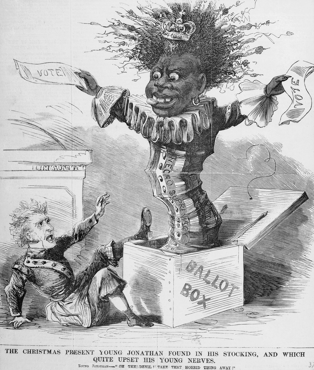 Politisk tegneserie som viser president Andrew Jackson (1767-1845) som ble skremt av utsiktene til svarte avstemninger i Amerika av American School