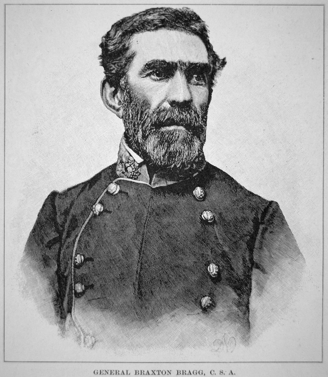 Portrett av general Braxton Bragg (1817-76) (litho) av American School