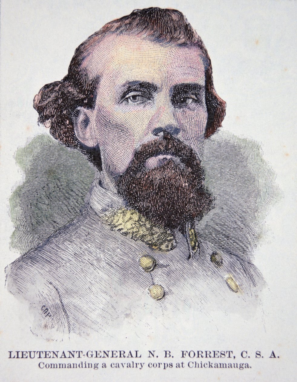 Portrett av generalløytnant Nathan B. Forrest (1821-77) (litho) av American School
