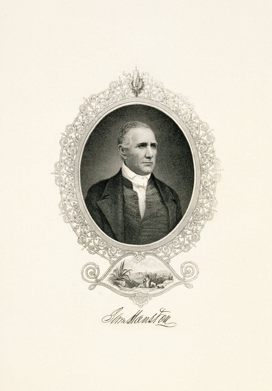 Portrett av Sam Houston med utsikt over byen, ca. 1855-c. 1860 (gravering med stålkant på vevd papir) av American School