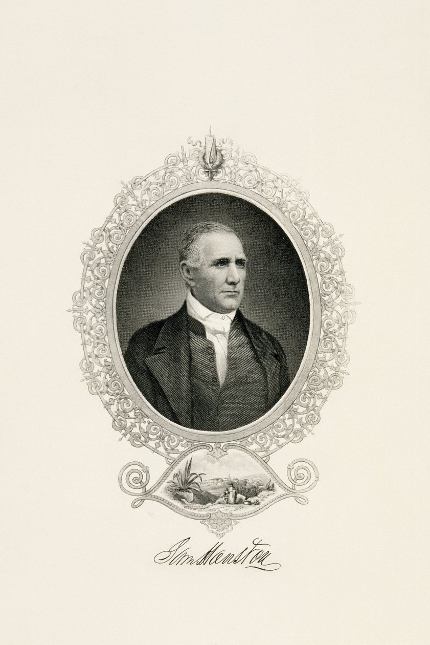 Portrett av Sam Houston med utsikt over byen, ca. 1855-c. 1860 (gravering med stålkant på vevd papir) av American School