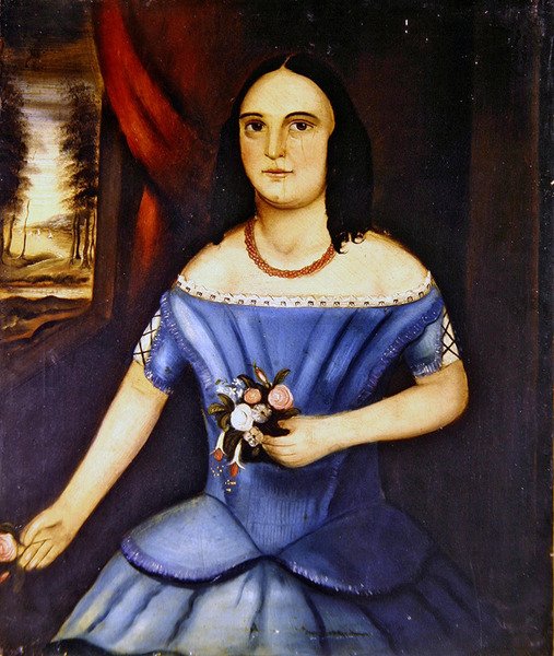 Portretter av en bror og søster, et par (olje på lerret) (se også 349154) av American School