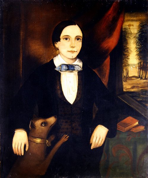 Portretter av en bror og søster, et par (olje på lerret) (se også 349155) av American School