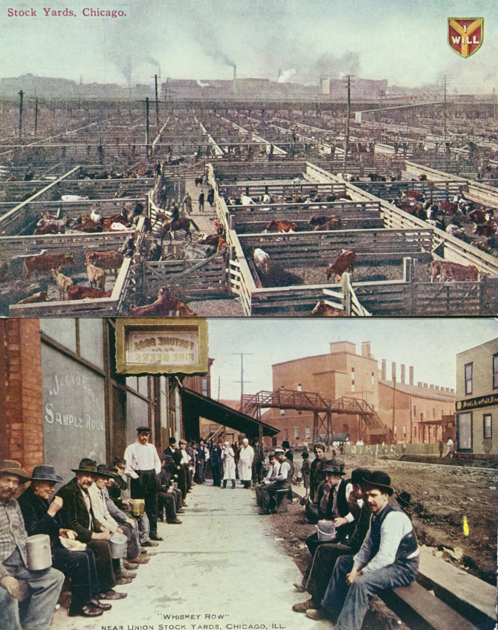 Postkort som viser lagergårdene og slakteriene i Chicago og arbeidere med lunsjspann på pause i Whiskey Row, ca. 1910 (farget bilde) av American School