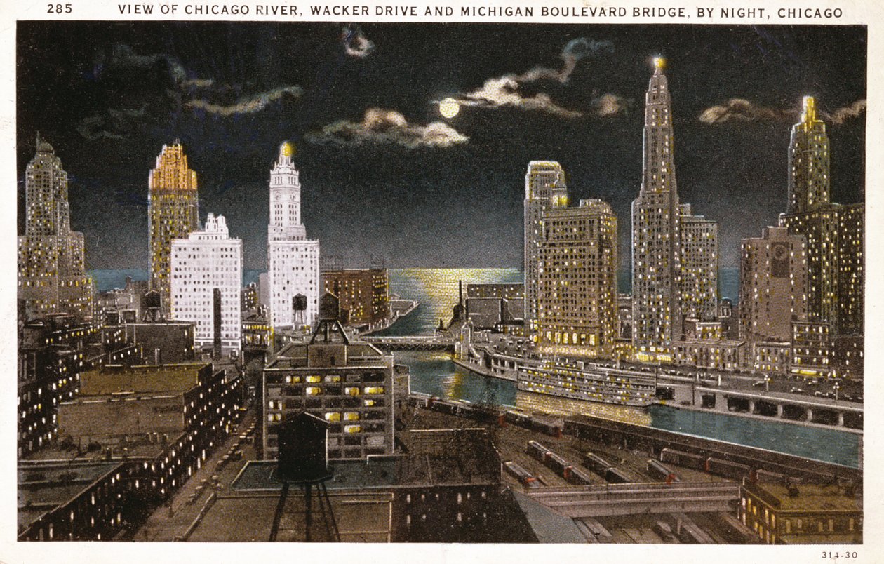 Postkort av Chicago om natten, ca. 1930 av American School