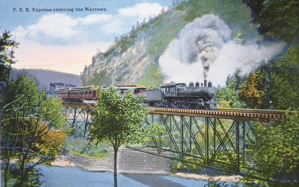 Postkort av en Pennsylvania Railroad Express som går inn i Narrows ved Cumberland, Maryland, ca. 1910 (litho i farge) av American School