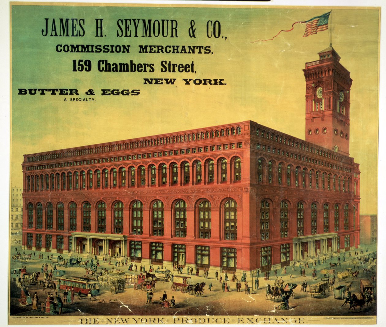 Plakat som reklamerer for James H. Seymour & Co. Commission Merchants på New York Produce Exchange, gravert av Sacket, Wilhelms og Betzig, ca. 1885 av American School