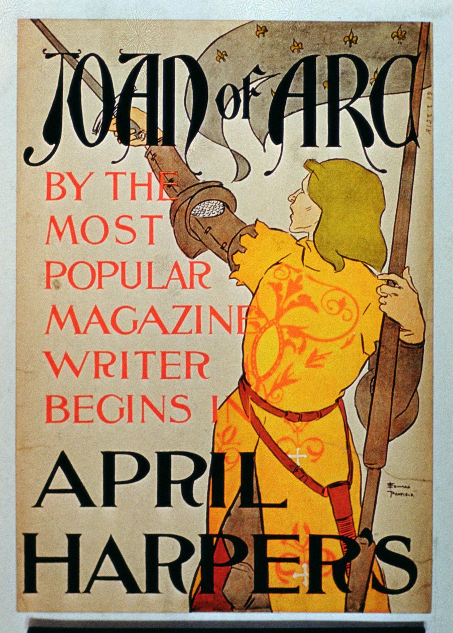 Plakat som annonserer Joan of Arc i april Harpers Magazine av American School