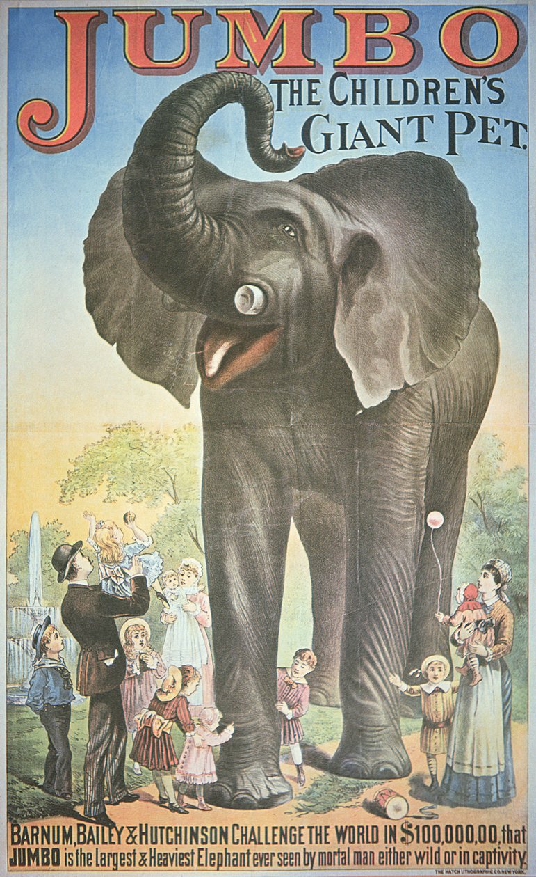 Plakat som reklamerer for 'Jumbo the Children's Giant Pet' på 'Barnum, Bailey & Hutchinson Circus', ca. 1900 (farge litho) av American School