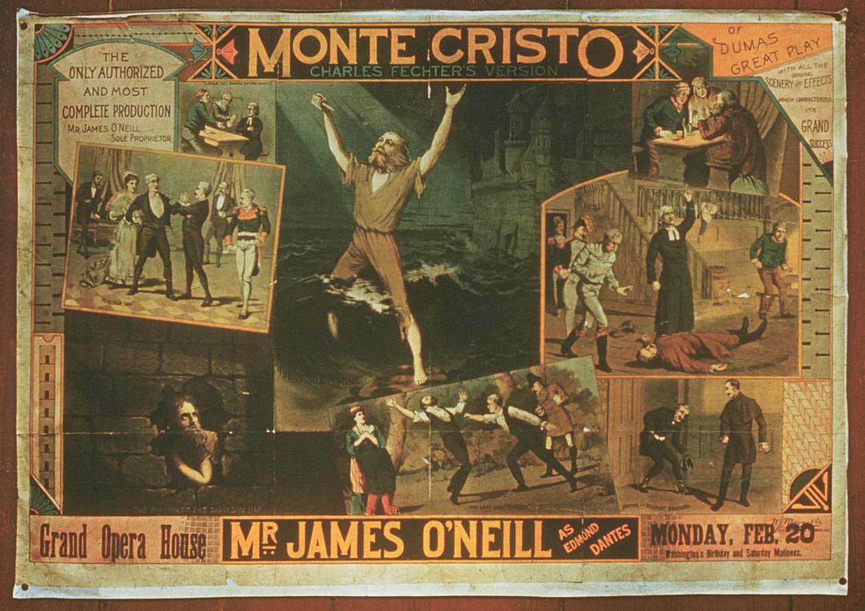 Plakat som annonserer herr James ONeill som Edmond Dantes, i Charles Fichter-versjonen av Greven av Monte Cristo av American School