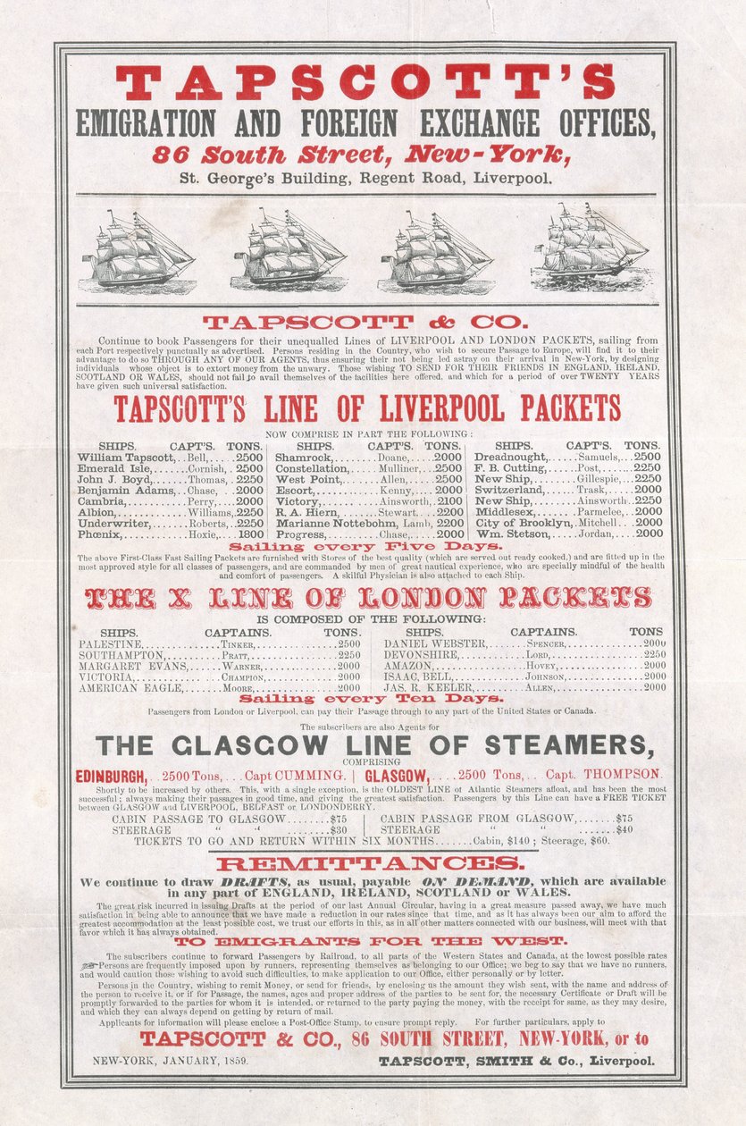 Plakatannonsering Tapscotts Emigration and Foreign Exchange Offices, New York, januar 1859 av American School