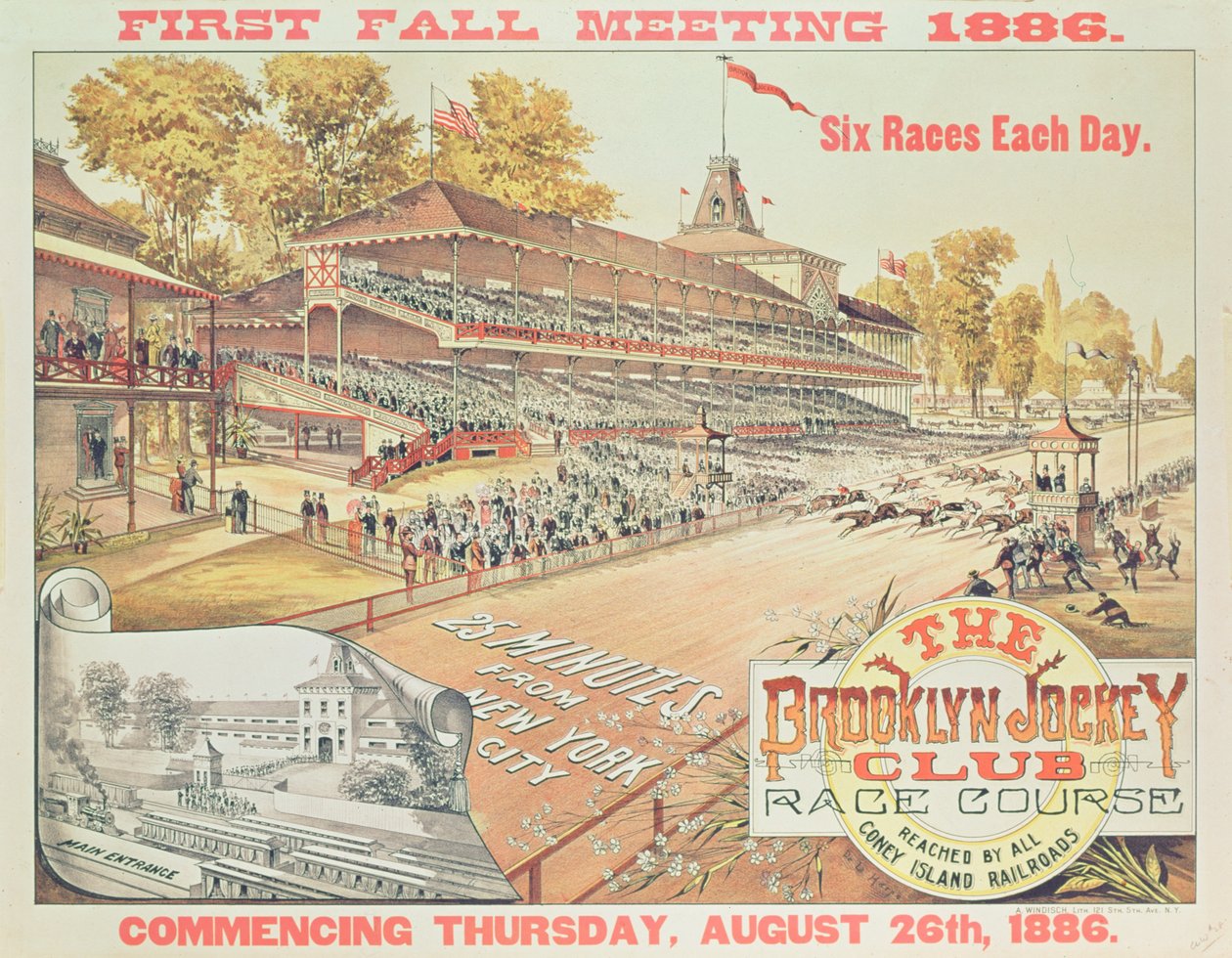 Plakat som reklamerer for Brooklyn Jockey Club Race Course, 1886 av American School